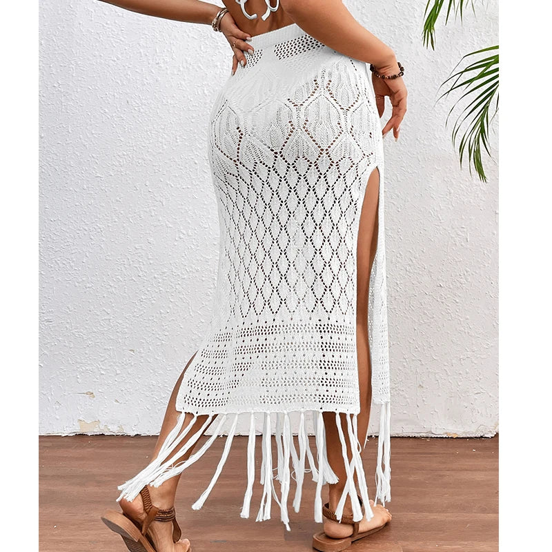 Women Knitted Texture Sarong Skirts Sexy High Slit Tassel Cover-Up Beach Summer Vacation Wrapped Skirt Bikini Cover Up