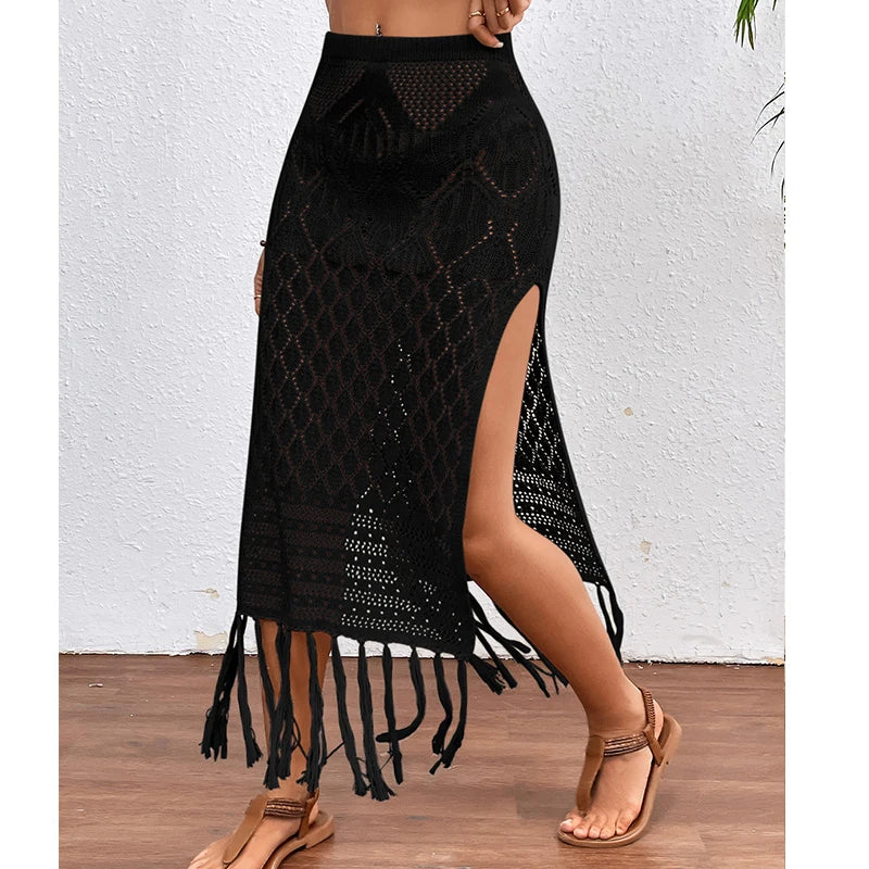 Women Knitted Texture Sarong Skirts Sexy High Slit Tassel Cover-Up Beach Summer Vacation Wrapped Skirt Bikini Cover Up